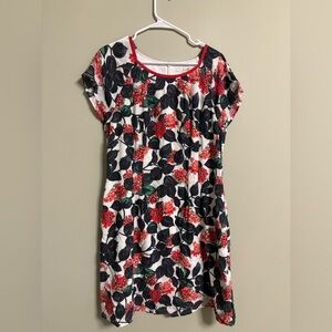 Boden Red Black Floral Viscose Dress Short Sleeve Size 12 Knee Length Casual